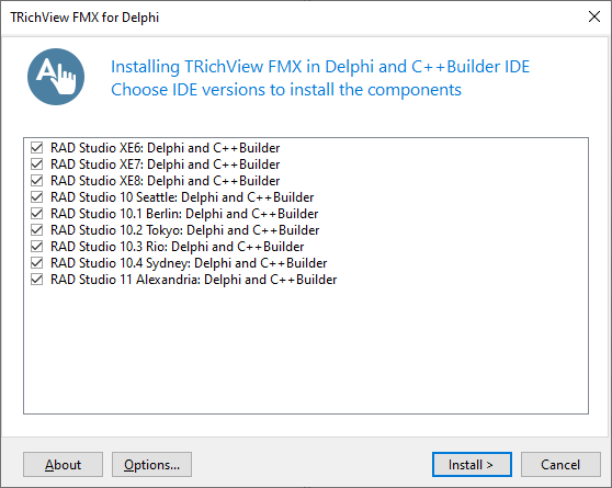 Choosing Delphi and C++Builder versions for installing the components Choosing Delphi and C++Builder versions for installing the components